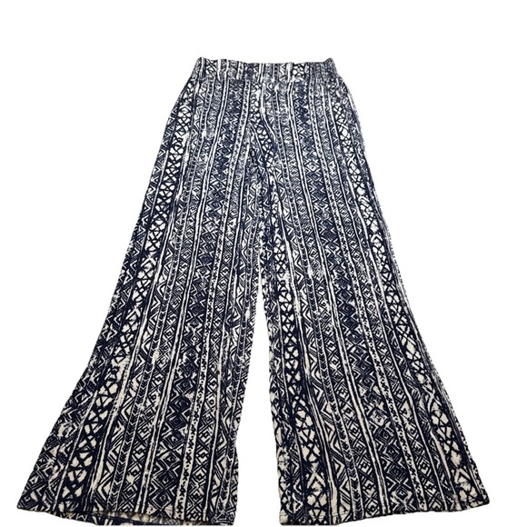 Three Dots Pants - Three Dots Womens Navy White Geometric Tribal Print Wide Leg Rayon Pants Size M